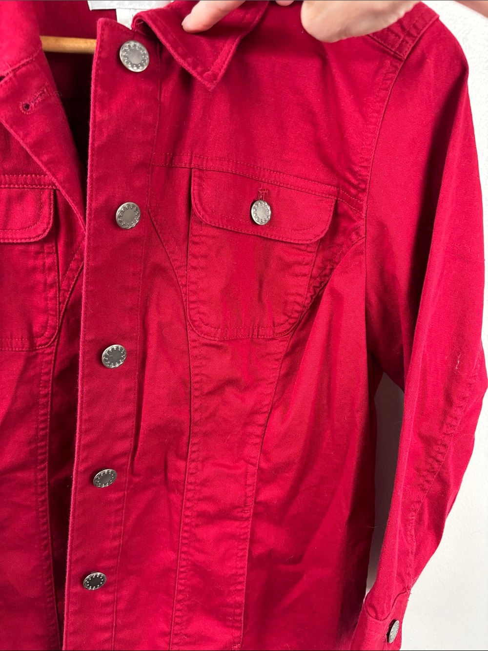 Christopher & Banks Deep Red Cotton Jean Jacket Medium button up classic 38” - Picture 6 of 9